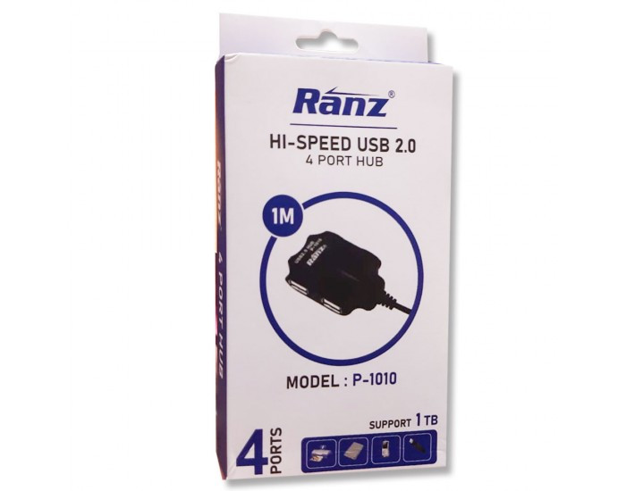 RANZ USB HUB 4 PORT 2.0 CABLE 1MTR (SUPPORT 1TB)