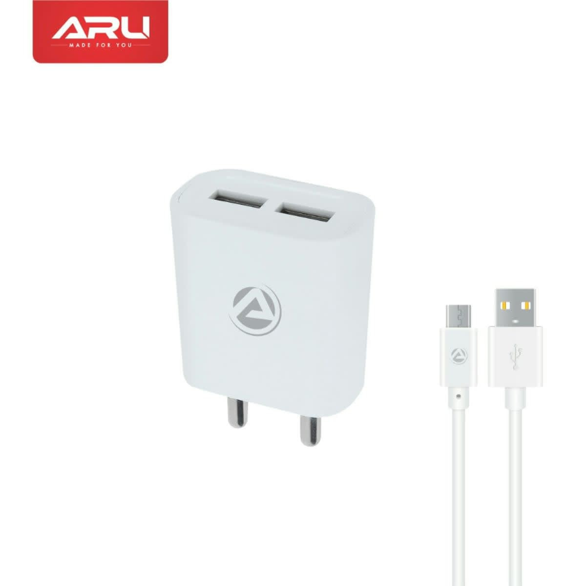 ARU AR-211 2.4AMP FAST CHARGER WITH CHARGE & SYNC 2 USB CABLE-WHITE