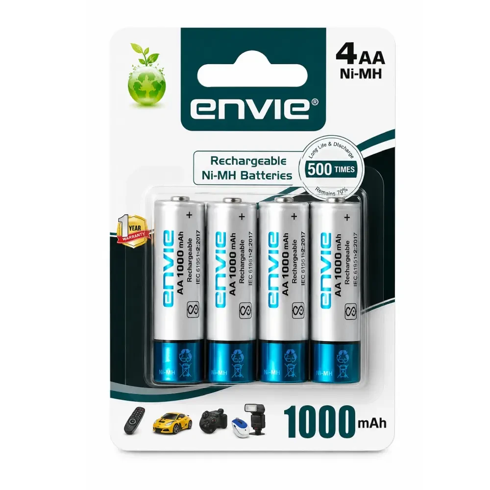 Envie AA Rechargeable Batteries | High Capacity Ni-MH | 1000 mAh | Low Self Discharge | (Pack Of 4)